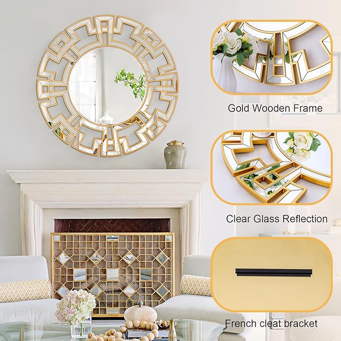 Chende Large Gold Mirrors for Decor, 44'' Round Wall Mirrors for Dining Room Entryway, Elegant Decorative Mirror with Wooden Frame for Living Room, Bedroom, Fireplace