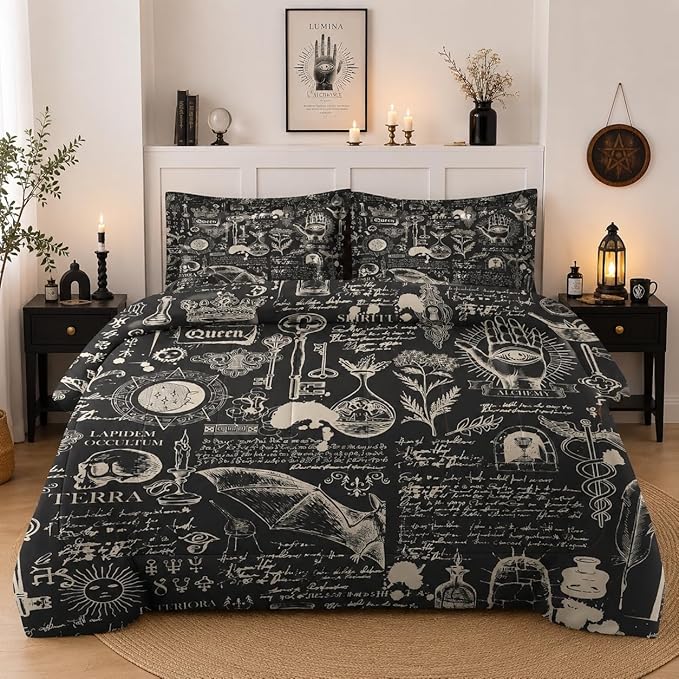 WeCozy Twin Size Comforter Set with Pillowcase, Gothic Goth Bat Chemistry Science Dark Academia Medieval Soft 2 Pcs Bedding for Kids and Adults Bedroom Bed Decor