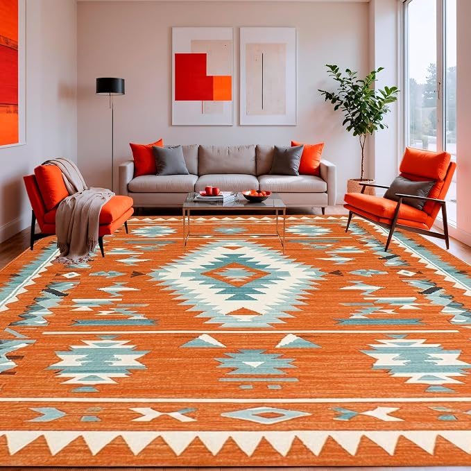 Flatwoven High Traffic Area Rug 8x10, Sunset Canyon Burnt Orange Tribal Diamond Rug, Non Slip, Stain Resistant, Washable Area Rugs for Living Room, Bedroom (Orange, 8x10)