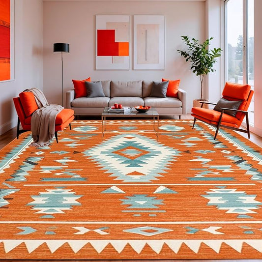 Flatwoven High Traffic Area Rug 8x10, Sunset Canyon Burnt Orange Tribal Diamond Rug, Non Slip, Stain Resistant, Washable Area Rugs for Living Room, Bedroom (Orange, 8x10)