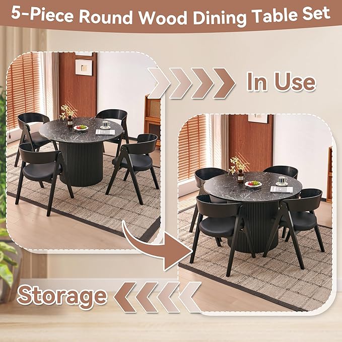 Howtek 47″ Round Dining Table Set for 4-6 People, 5 Piece Modern Kitchen Table with Faux White Marble Wood Grain Finish & 4 PU Leather Upholstered Dining Chairs（Curved Backrest & Solid Wood Legs ）
