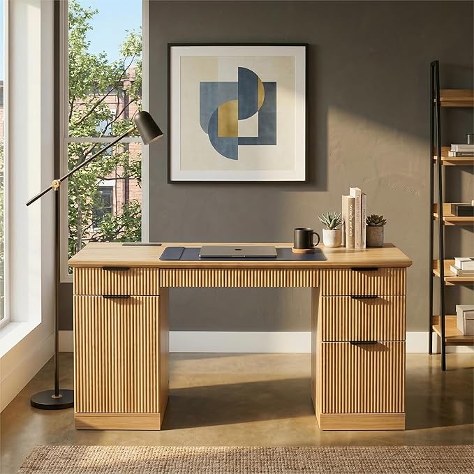 FURSUN 58" Executive Desk with Charging Station & File Drawer, Modern Fluted Home Office Desk with 5 Drawers & Keyboard Tray, Large Computer Writing Desk, Natural Oak