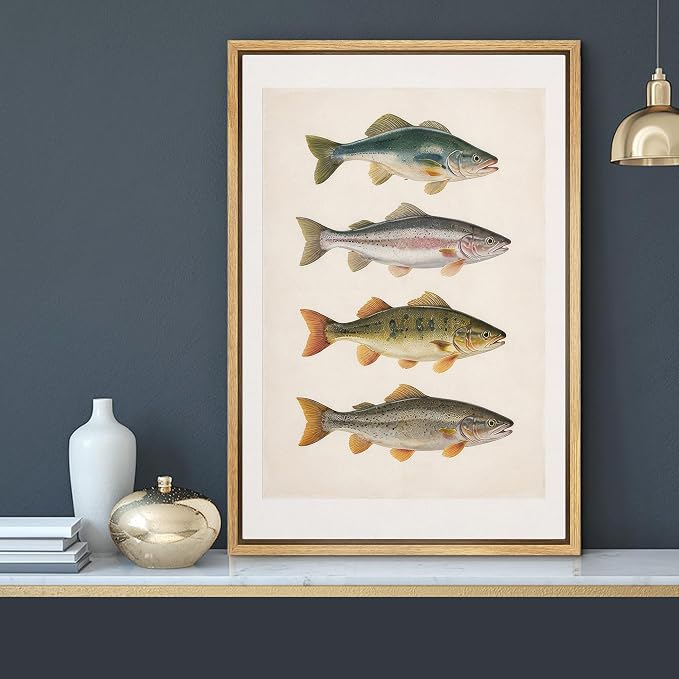 MUDECOR Framed Canvas Print Wall Art Vintage Freshwater Fish Scientific Illustrations Minimalism Decorative Bohemian Zen for Living Room, Bedroom, Office - 24"x36" NATURAL