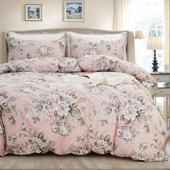 Floral Duvet Cover King Size Soft 100% Nature Cotton Vintage Style Pink Bedding Set with Zipper Closure 3 Pcs Cottagecore Botanical Duvet Cover, Ultra Soft, Breathable