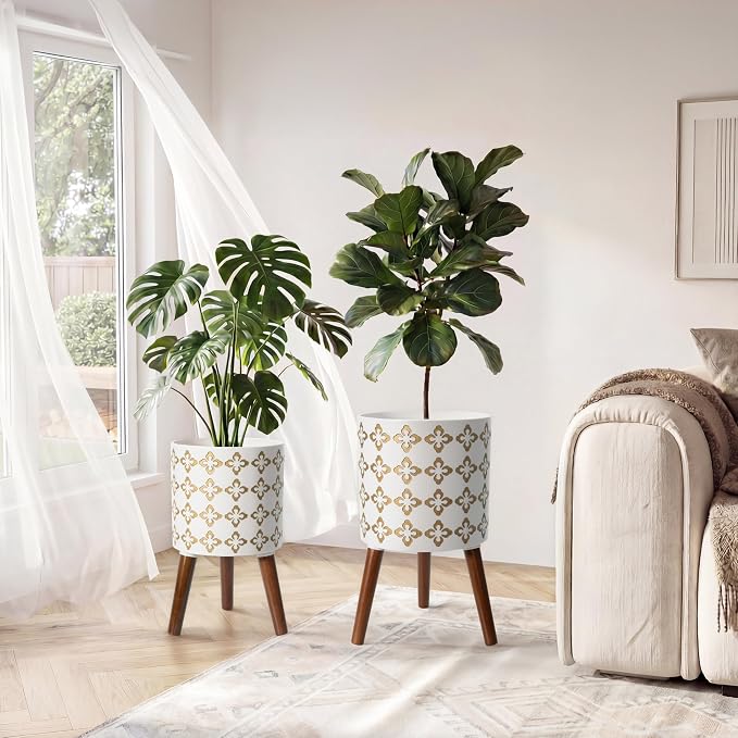 10 + 12 InchIndoor Planter with Stand Set of 2 - Large Indoor Plant Pots with Solid Oak Wood Stand and Drainage, White and Gold