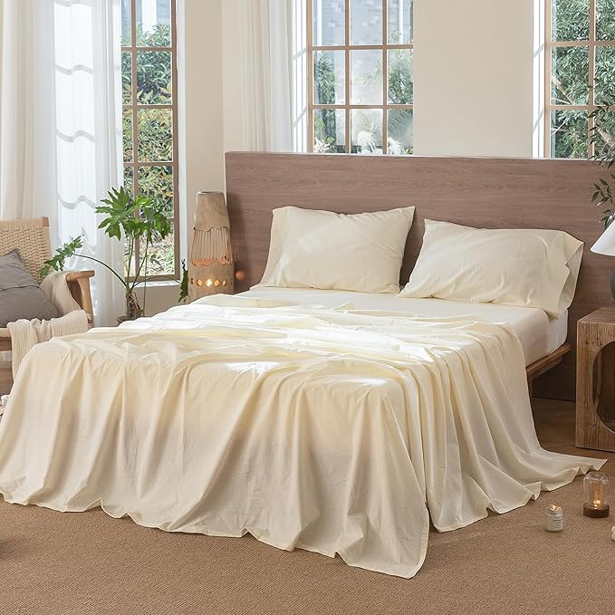 MooMee Bedding Sheet Set 100% Washed Cotton Linen Like Textured Breathable Durable Soft Comfy (Solid Cream White, Queen)