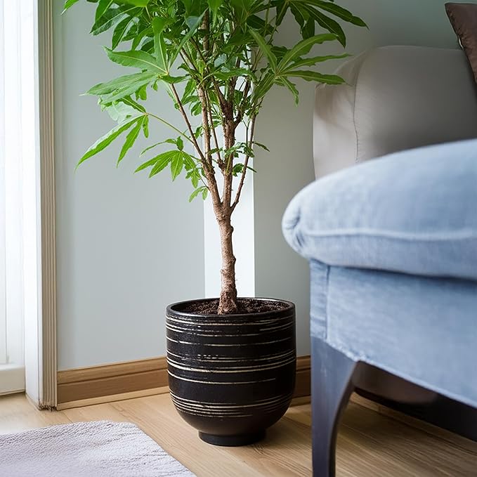 Large Black Ceramic Planter for Indoor Trees, Modern Indoor Floor Planter Pot for Olive Trees & Faux Olive Trees, Pottery Planter with Drainage for Real Plants