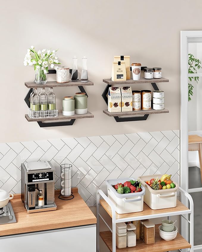 CHOEZON Hexagon Floating Shelves for Wall, Set of 2, 2 -Tier Hanging Shelves, Wall Mounted Storage Shelves, for Living Room, Bedroom, Kitchen, Home Office, Study, Greige TBJ06P2BG