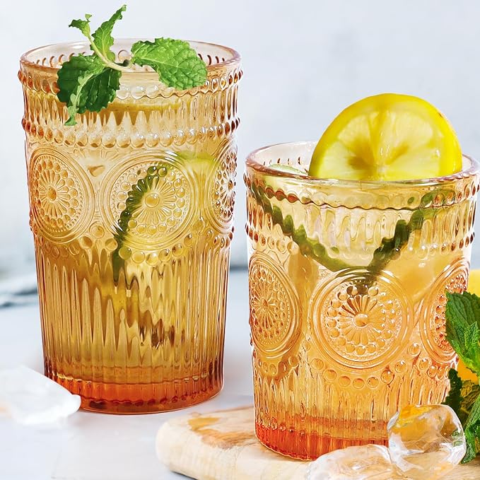 Loivttvv 12pcs Vintage Drinking Glasses Set, 12 oz Highball Glasses & 9 oz Embossed Ribbed Glassware Cups for Thanksgiving Cocktail, Juice, Coffee, Whiskey (Amber)
