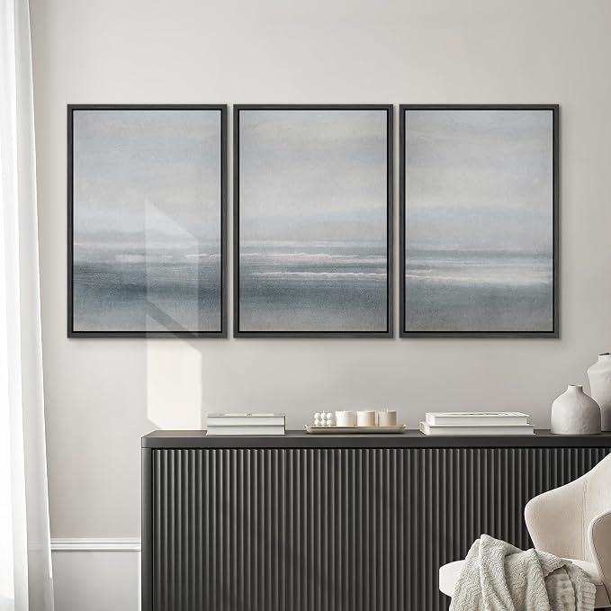 SIGNWIN Framed Canvas Print Wall Art Set Serenity Seascape Soft Blue Ocean Views Modern Art Decorative Rustic Calm/Zen for Living Room, Bedroom, Office - 24"x36"x3 Black
