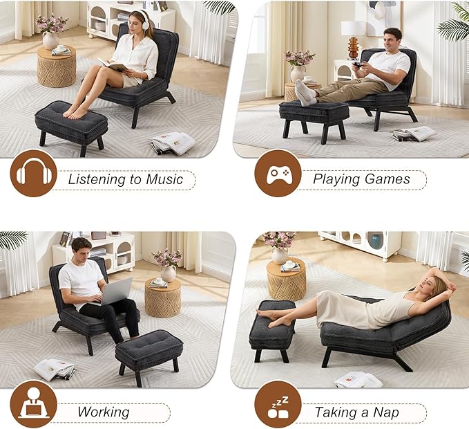 ANJ Armless Accent Chair with Ottoman Adjustable Backrest, Black Living Room Chair Tufted Upholstered Lounge Chair with Footrest Set, Modern Chair Cozy Reclining Chair for Reading Room Bedroom