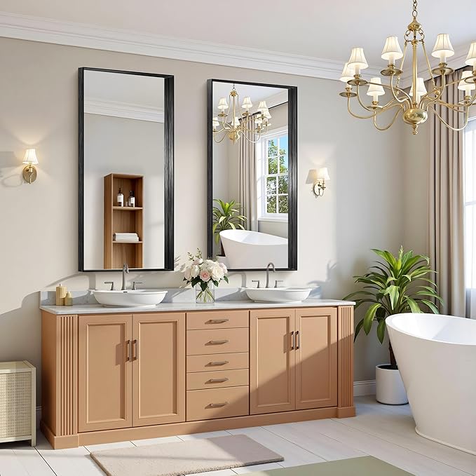 CIRCUMI Black Bathroom Mirror, 24"x48" Rectangular Mirror with Deep Metal Frame, Brushed Finish, Tempered Glass, Large Mirror for Wall, Over 2 Sinks, Installed Vertically/Horizontally, Crystal-Clear