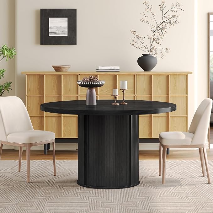 Round Dining Table for 4-6 Seats, 47" Circle Kitchen Table with Storage Drawer, Modern Mid-Century Pedestal Dinner Tables, Fluted Wood Base, Space Saving Dining Room Furniture for Family Party, Black