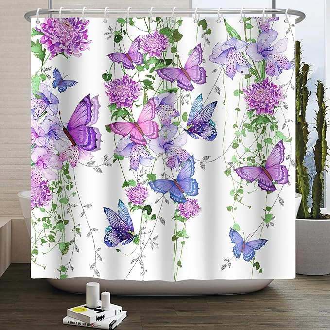 Violet Butterfly Floral Shower Curtain Spring Lavender Shower Curtain Lilac Pink Floral Bathroom Decor Waterproof Polyester Fabric with 12 Hooks,72x96 Inches