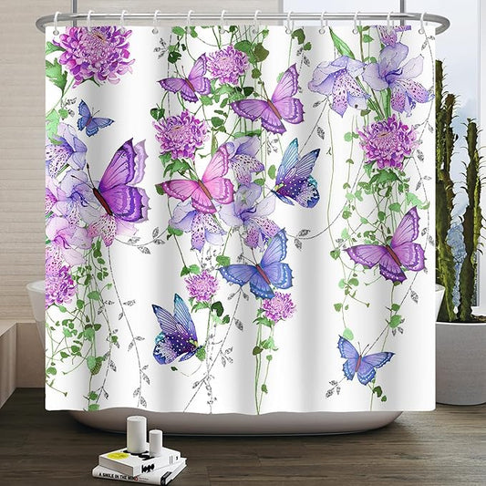 Violet Butterfly Floral Shower Curtain Spring Lavender Shower Curtain Lilac Pink Floral Bathroom Decor Waterproof Polyester Fabric with 12 Hooks,72x84 Inches