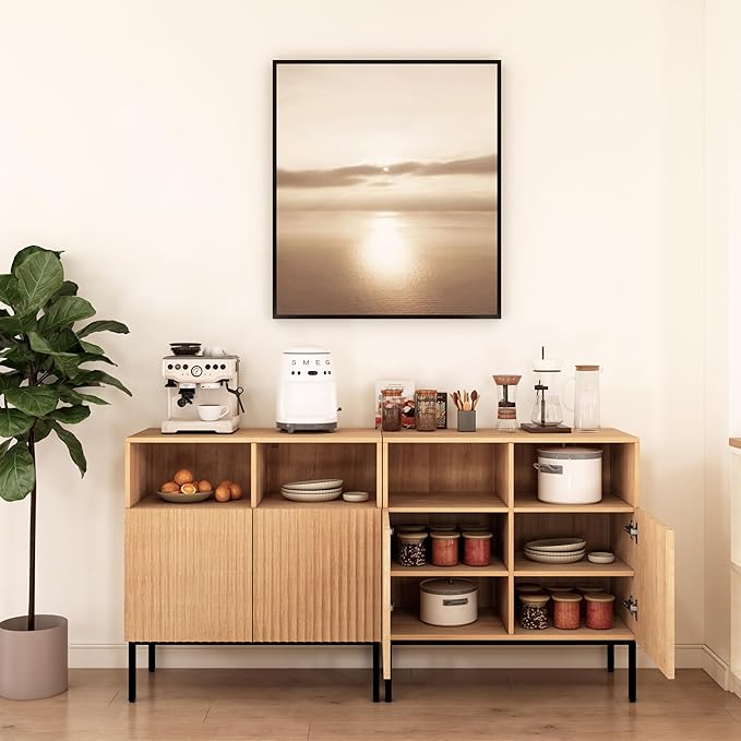 Oxford Fluted Storage Cabinet, Sideboard Buffet Credenza with Doors, Accent Console for Living Dining Room, Entryway, Natural Oak
