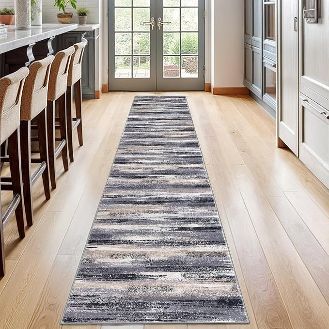 Lansny Modern Abstract Runner Rug 2x12, Grey Black Multi Washable Long Kitchen Runner Non-Slip Soft Hallway Rug Runner Thin Print Faux Wool Carpet for Entryway Bedroom Laundry Room Indoor Home Decor