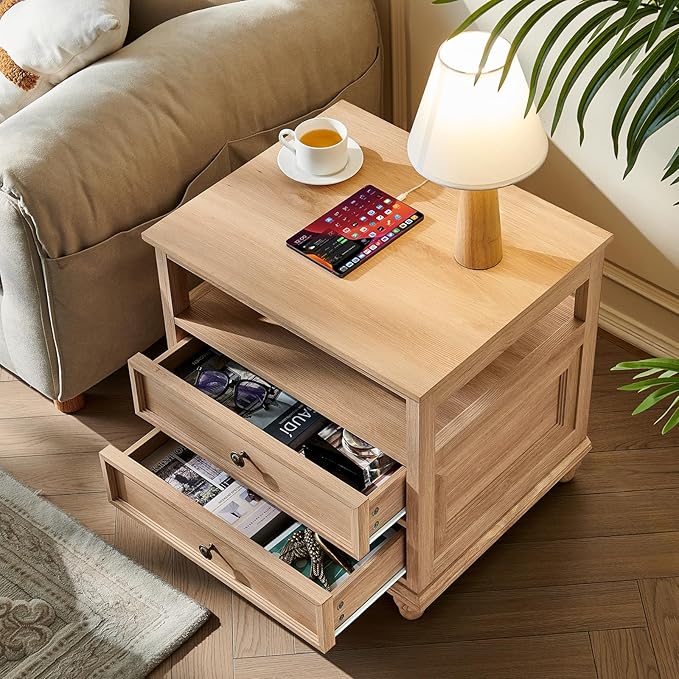 24" Wide Farmhouse Night Stand Set of 2,Large End Table with 2 Drawers & Metal Handle,Natural Wood Dresser for Bedroom, Bed Side Table Chest of Drawers Cabinet, Nightstand for Living Room