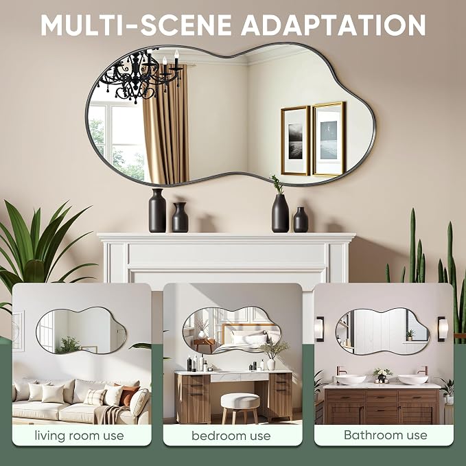 Suidia Irregular Wall Mirror, 48"x26" Bathroom Mirror Asymmetrical Mirrors Artistic Mirrors Decorative for Living Room Bedroom Bathroom Hallway Entryway, Black, Cloud Style