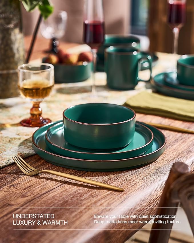 Famiware Nebula Ridge Stoneware Dinnerware Sets for 6, Plates and Bowls Sets, 18 Pieces Dishes Set, Microwave and Dishwasher Safe Kitchen Plates, Dark Green