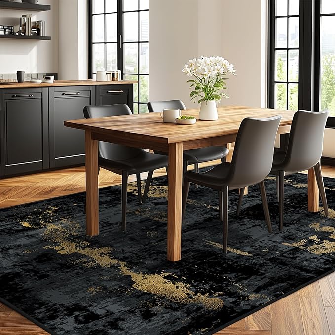 Washable Area Rugs 9'x12' Non-Slip Modern Abstract Soft for Living Room Entryway Bedroom Nursery, Print Pattern, Dark Black Gold