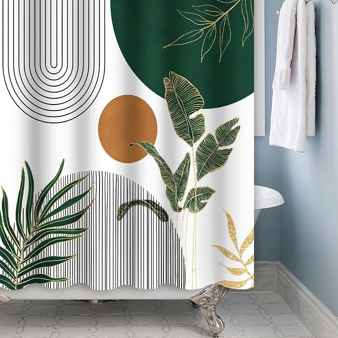 Mid Century Boho Modern Shower Curtain for Bathroom Abstract Sun Arch Geometric Leaves Minimalist Shower Curtain Set Waterproof Polyester Fabric 66x72 Inches