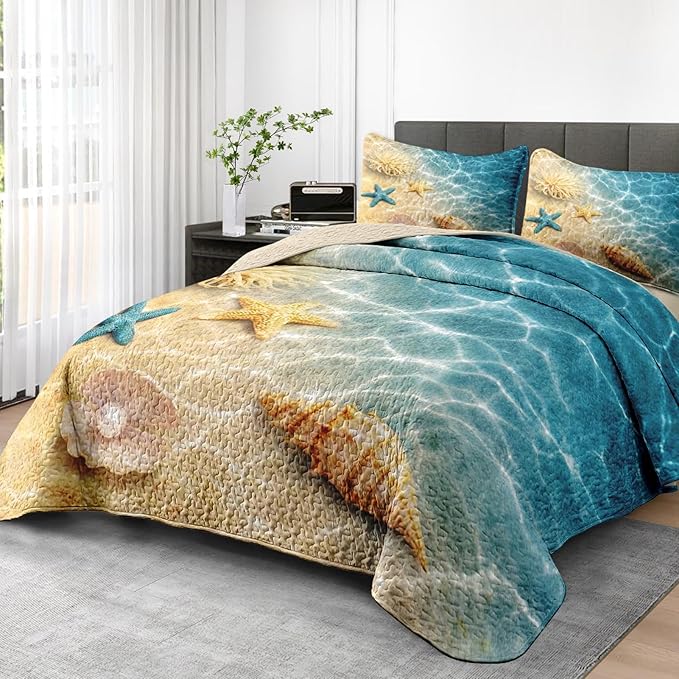 Pamnest Quilt Set King Size, Summer Beach Seashell 3 Pcs Soft Bed Cover Bedding Set for Kids and Adults, Blue Ocean Sea Shell Lightweight Bedspread Coverlet with Pillow Sham for All Season
