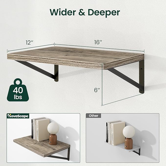 Floating Shelves, 12 Inch Deep Rustic Wood Wall Storage, 16W x 12D Wall Shelves Set of 2, Heavy Duty Metal Brackets, Large Industrial Book Shelf for Living Room, Kitchen, Bedroom, Grey