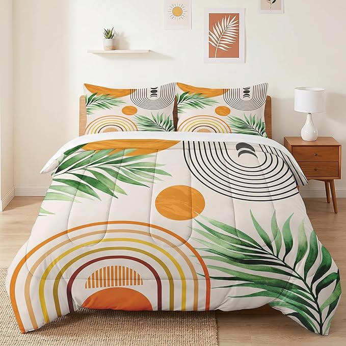 WeCozy Twin Size Comforter Set with Pillowcase, Contemporary Mid Century 2 Pcs Bedding for Kids and Adults, Rainbow Sun Boho Geometric Soft Comforter Set for Bedroom Bed Decor