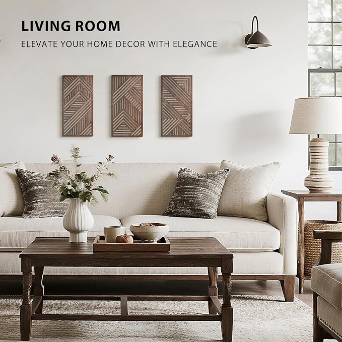 VIYYIEA Boho Solid Wood Carved Wall Art Set of 3, Geometric Minimalist Wooden Home Decor Panels, Handcrafted Solid Wood Wall Hanging for Living Room Bedroom Hallway, 16 x 8 Inch Each (Sunset Brown)