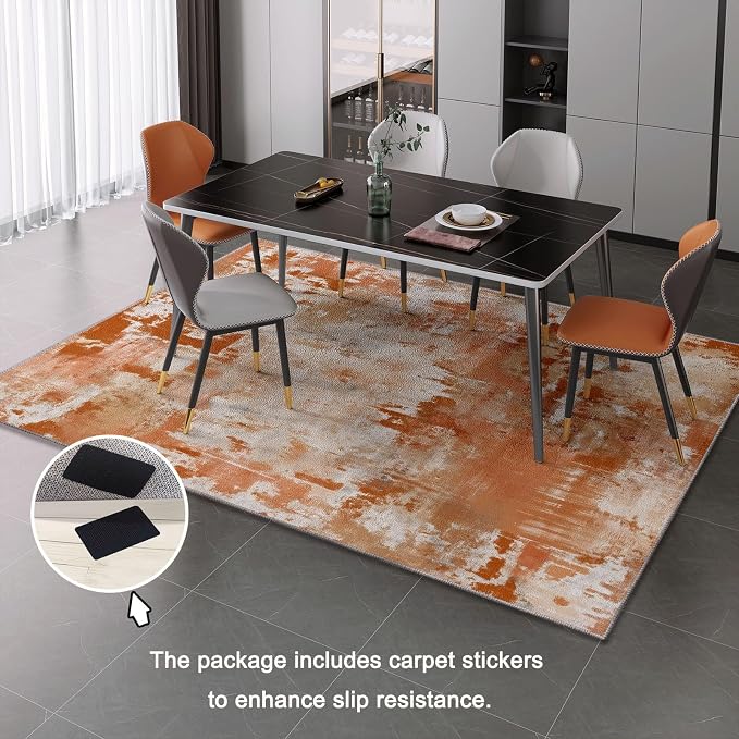 4x6 Washable Area Rug, Orange Color Retro Distressed Textured Design Non Slip Non-Shedding Rug Easy Care for Living Room Bedroom Kitchen Office Carpet