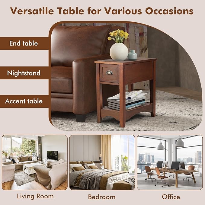 KOTEK End Table with Drawer and Open Shelf, Retro Narrow Side Table Nightstand w/Solid Wood Legs, Slim End Table for Small Space, Living Room, Bedroom, Home Office (Set of 2, Walnut)