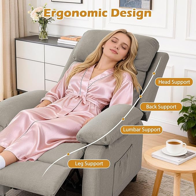 Korser Recliner Chair, Living Room Chairs for Adults, Padded Deep Seat Reading Chair with Side Pockets, Small Recliners for Small Spaces, Lounge Chair for Living Room, Bedroom, and RV (Linen)