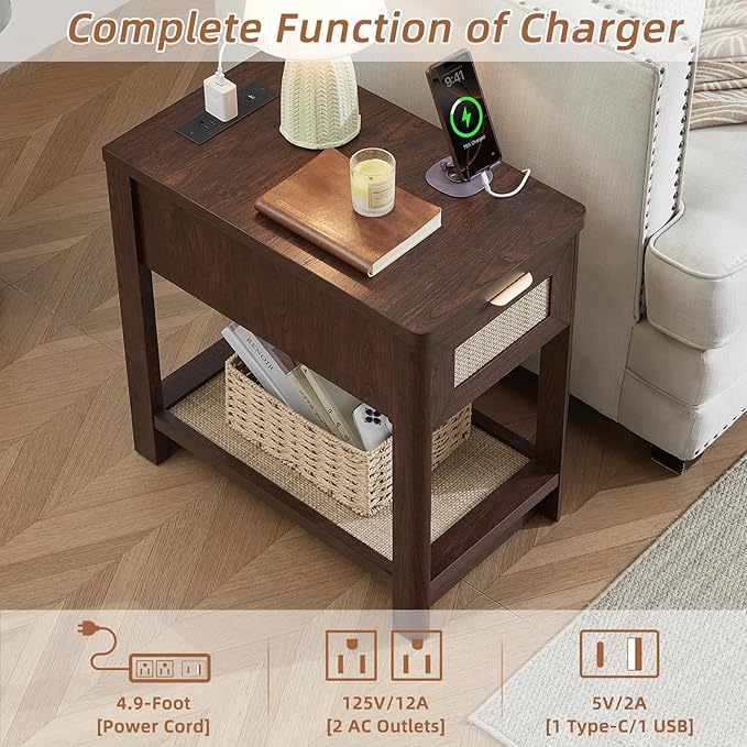 Lerliuo Narrow Night Stand with Charging Station, Boho Nightstand with Drawer, Bed Side End Table with Rattan Shelf for Small Spaces, Wood Nightstands Bedside Tables for Living Room Bedroom