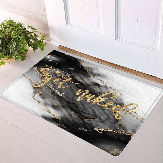 LB Black and Gold Marble Bathroom Rug Funny Quote Get Naked Non Slip Bath Mat Abstract Geometric Art Doormat Memory Foam Super Absorbent Floor Mats,24x16 Inch