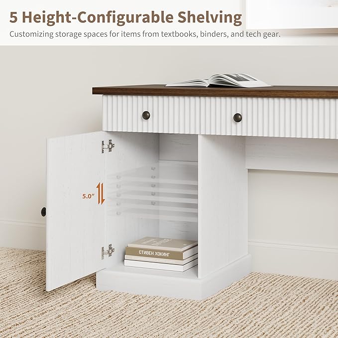 Garvee 60" Office Desk with Storage Cabinet & Drawers. Fluted Wood Computer Desk with Power Outlet & Adjustable Shelves.Modern Executive Desk for Home Office/Bedroom/Gaming-White