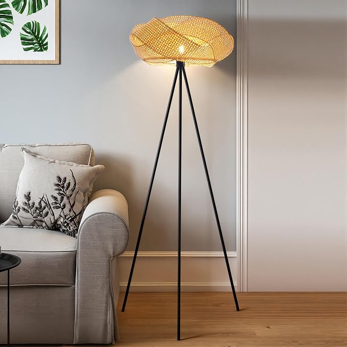 Handwoven Tripod Floor Lamp, Boho Bamboo Woven Lotus Shade Tall Standing Lamp, Black Metal Base for Living Room Bedroom Entryway, E26 Socket (Natural)