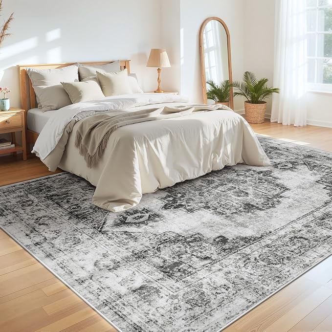 Area Rug 8x10 Vintage Rugs: Large Washable Indoor Medallion Rug Low Pile Distressed Floor Carpet Retro Accent Rugs for Living Room Bedroom Kitchen Dining Table Home Office(Black, 8'x10')