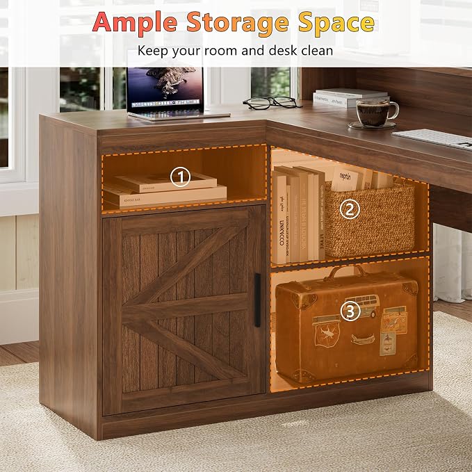 TVU Farmhouse L Shaped Desk with Drawers, 62.2" Home Office Desk with Storage Shelves and Power Outlet, L Shaped Computer Desk with Monitor Stand and Printer Shelf, Brown