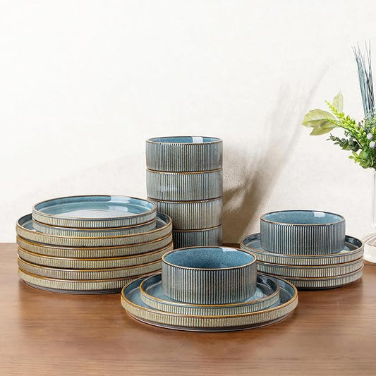 GBHOME 18-Piece Stoneware Dinnerware Set for 6 – Ribbed Ceramic Plates and Bowls, Scratch-Resistant, Microwave & Dishwasher Safe, Reactive Glaze, Deep Ocean