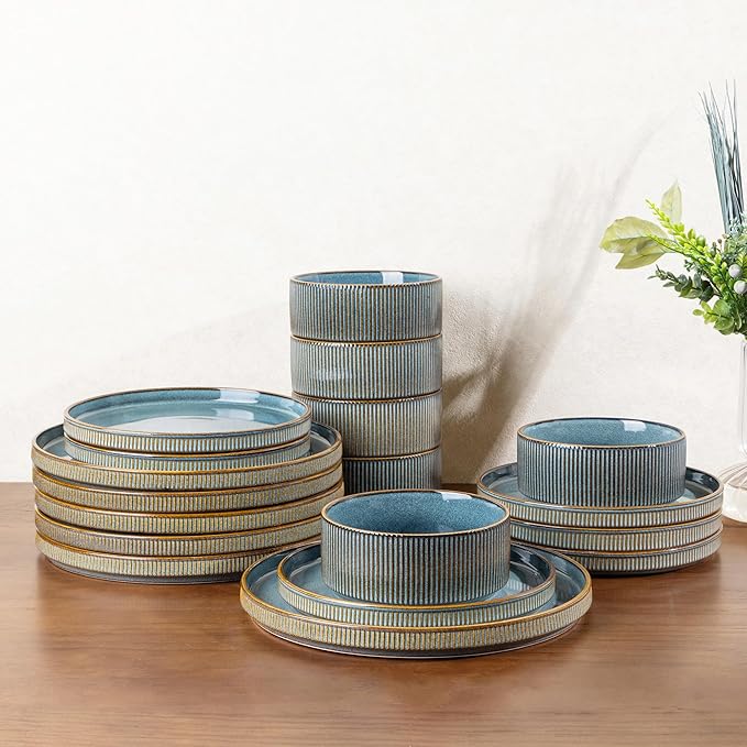 GBHOME 12-Piece Stoneware Dinnerware Set for 4 – Ribbed Ceramic Plates and Bowls, Scratch-Resistant, Microwave & Dishwasher Safe, Reactive Glaze, Deep Ocean