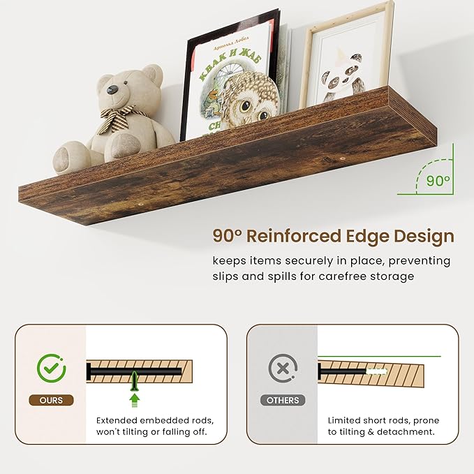Marsmiles 40in Floating Shelves for Wall, 40" W x 9.25" D x 1.25" H, 2 Pack Long Wall Mounted Engineered Wood Shelves with Invisible Brackets for Living Room, Bedroom, Bathroom, Kitchen, Rustic Brown