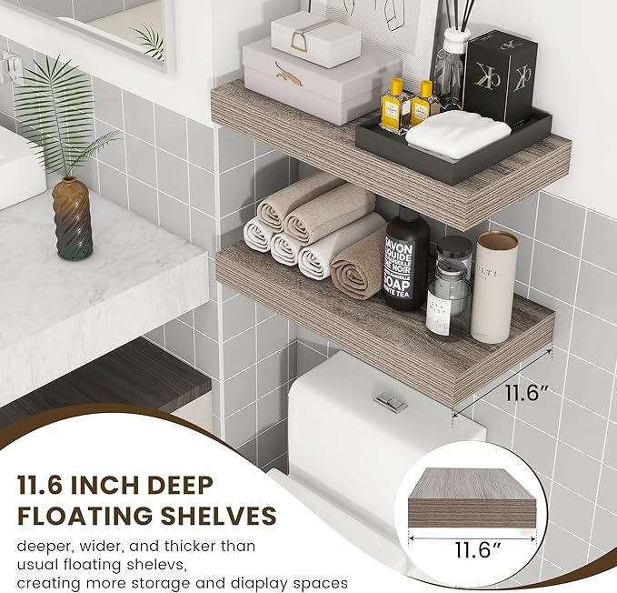 Deep Floating Shelves | 24 Inch Grey Floating Shelves Set of 2 | 12 Inch Deep Rustic Wood Shelves for Wall | 24" W x 12" D Grey Shelves for Living Room Bathroom Laundry Room Kitchen