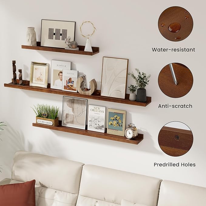 Solid Ash Wood Picture Ledge Shelf, 24 Inch Floating Shelves with Lip Set of 2, Photo Ledge Shelf Nursery Bookshelf Wall Mounted for Living Room Bedroom Decor, Walnut