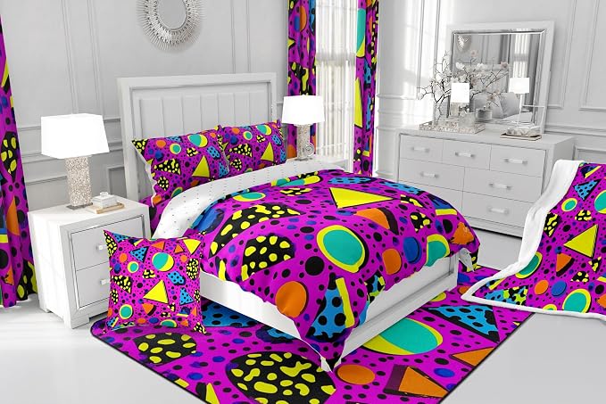 Geometric Duvet Cover Twin,3D Round Circular Triangle Square Bedding Set Retro Vintage Abstract 80S 90S Memphis Style Design Comforter Cover,Kids Child Multicolor Geometric Shapes Bedroom Decor