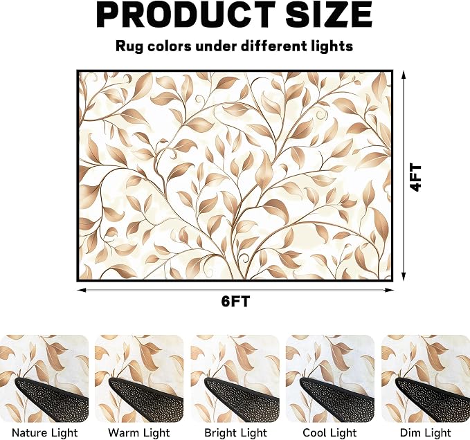 Botanical Leaf Vine Area Rug Beige Floral Branch Print Rug for Bedroom Living Room Kitchen Nursery Playroom Home Decor Non-Slip Washable Floor Mat Modern Farmhouse Carpet,4'x6'