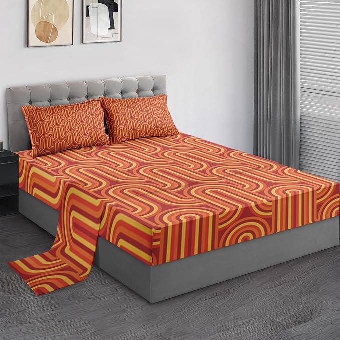 Pamnest Full Size Bed Sheet Sets, 70S Vintage Geometric Soft Microfiber 4 Pcs Bedding Sets for Kids and Adults Bedroom Bed Decor, Mid Century Yellow Flat, Fitted Sheet and 2 Pillowcases