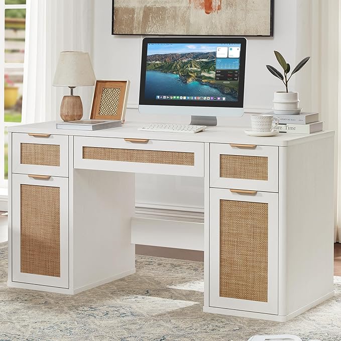 LEYAOYAO Office Desk 56" with 5 Drawers Storage File Cabinet Rattan Wood Desk for Computer Office Bedroom Home Furniture White