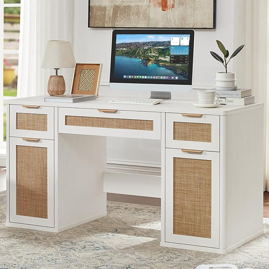 LEYAOYAO Office Desk 56" with 5 Drawers Storage File Cabinet Rattan Wood Desk for Computer Office Bedroom Home Furniture White