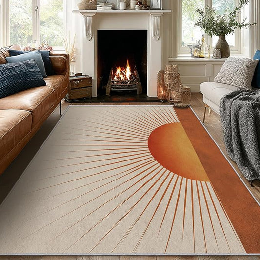 Retro Sunburst Area Rug, Mid Century Sun Pattern Carpet, Washable Non Slip Low Pile Soft Thin, Living Room Bedroom Home Decor Mat 3x5ft(Small)